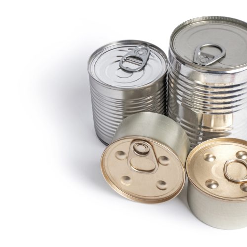 Canned food on white background. Top view